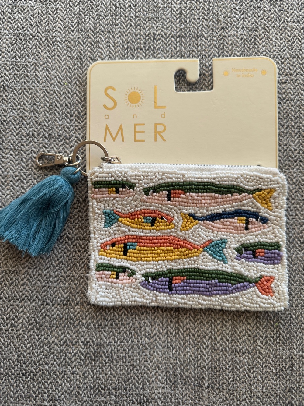 SOL and MER Beaded Fish Tassel Coin Pouch - Multicolor. NWT. Sardine